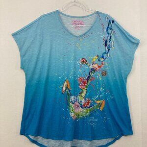 Leoma Lovegrove size XXL Blue Coastal Anchor V Neck Relaxed Stretch Blouse
